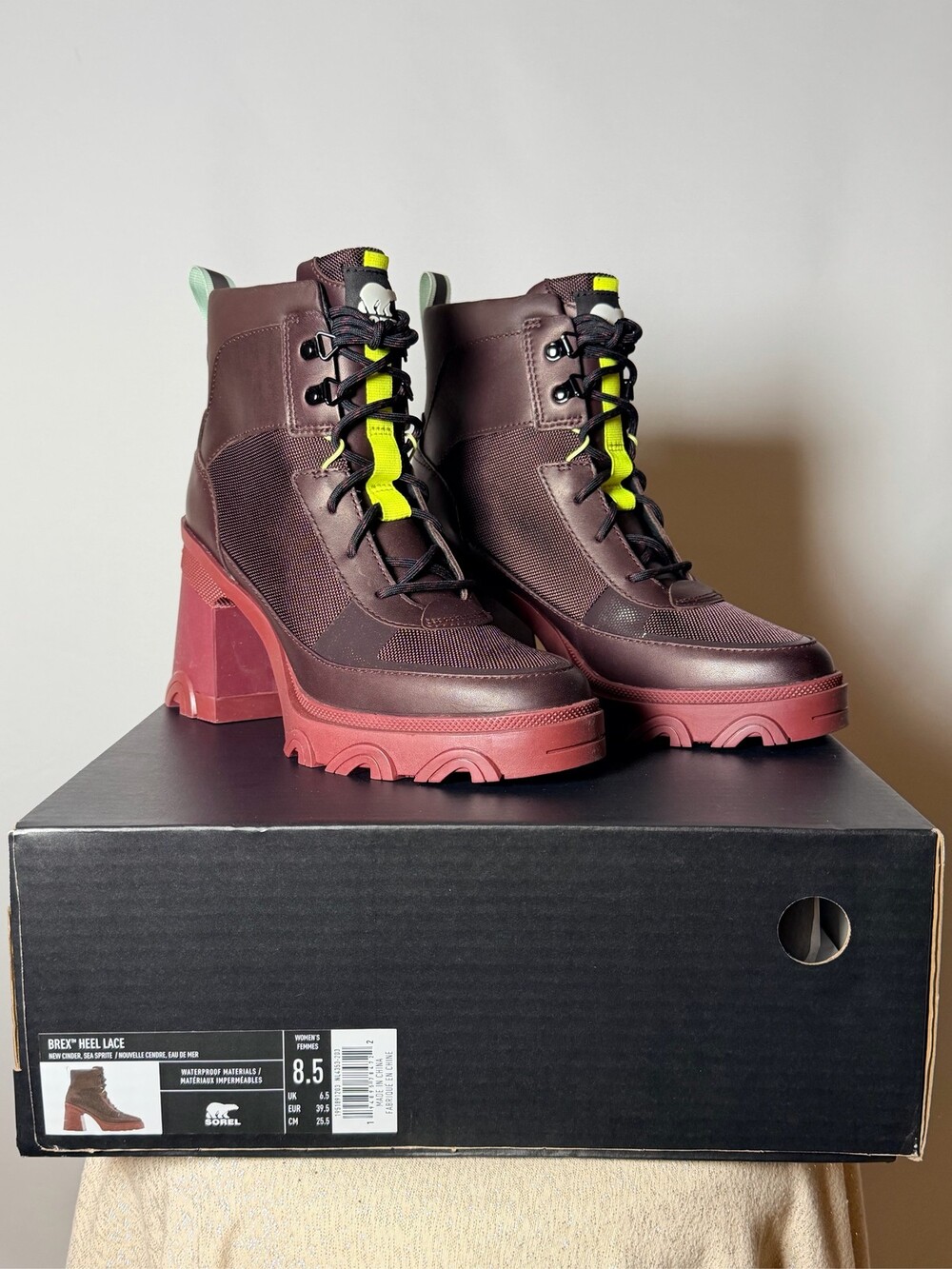 Sorel Brex Heel Lace Boots Women's 8.5 Waterproof New Cinder Sea Sprite